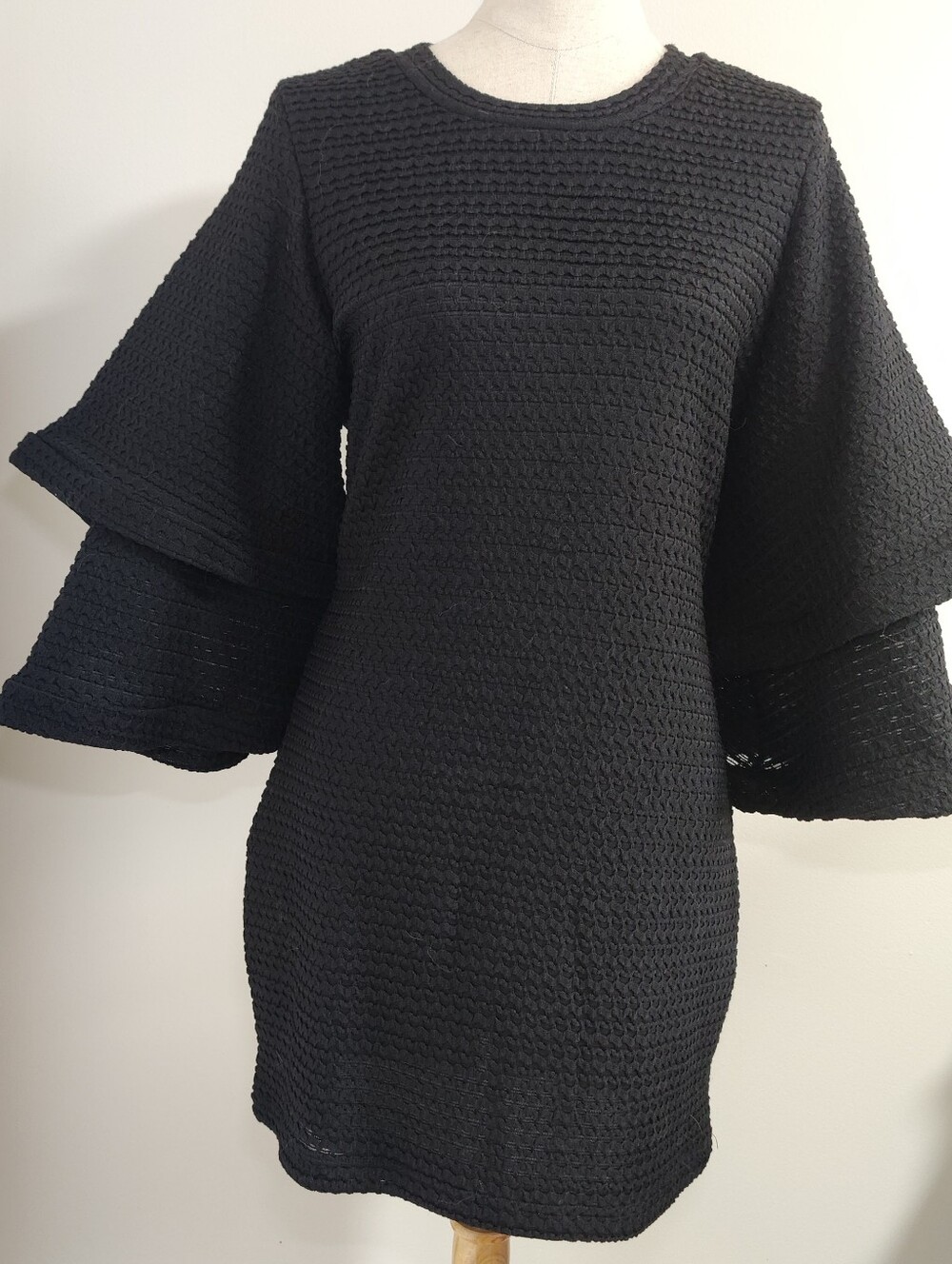 INA Black Textured Knit Mini Dress Double Layer Bell Sleeve Ruffle Shift Size M